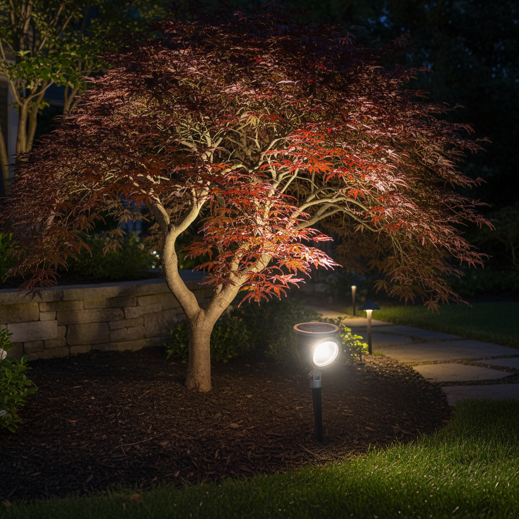 Solar Spot Light illuminating a beautiful tree or landscape architectural feature at night