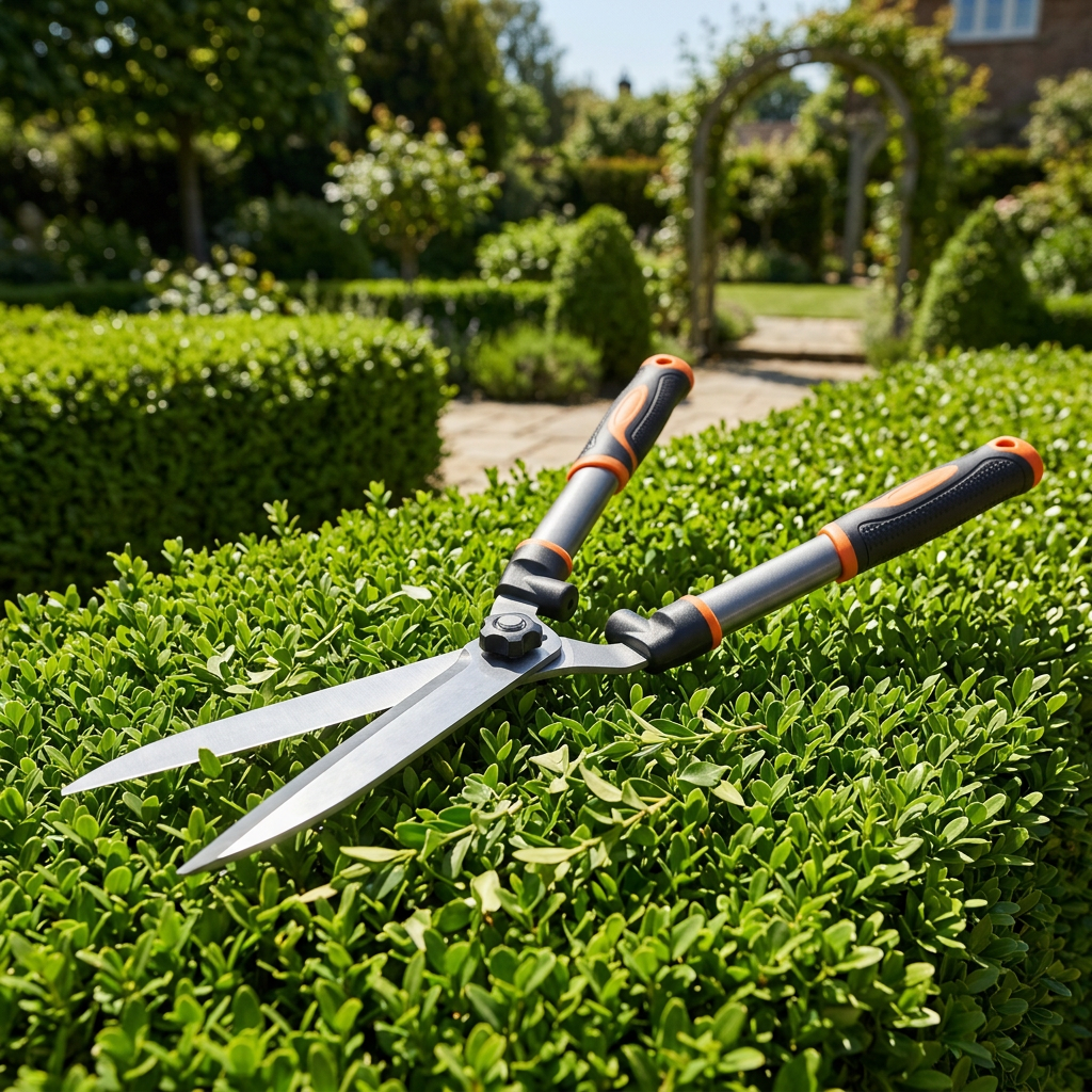 Manual hedge shears trimming the top of a manicured green boxwood hedge shrub in outdoor sunny garden