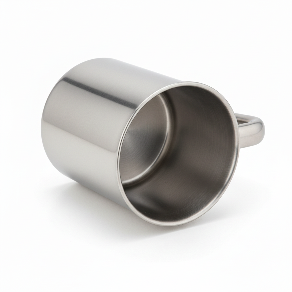 Angled view of stainless steel mug showing interior cavity on pure white background
