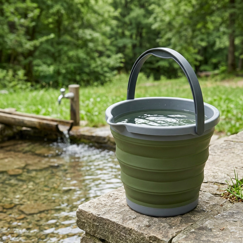 Collapsible camping water bucket filled with clean water sitting on a stone ledge in an outdoor campsite setting