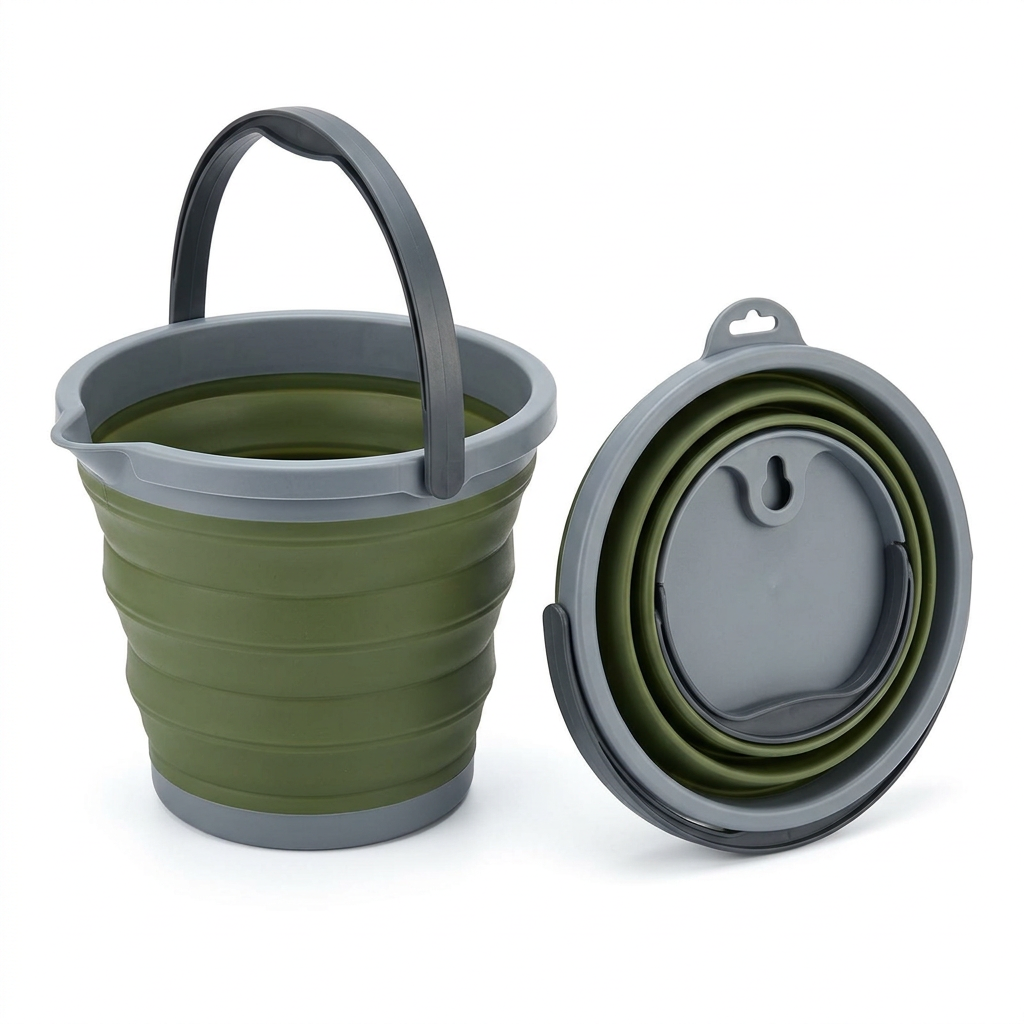 Collapsible camping water bucket in olive green silicone and gray PP plastic, showing fully expanded unit with carry handle beside flat collapsed disc on pure white background