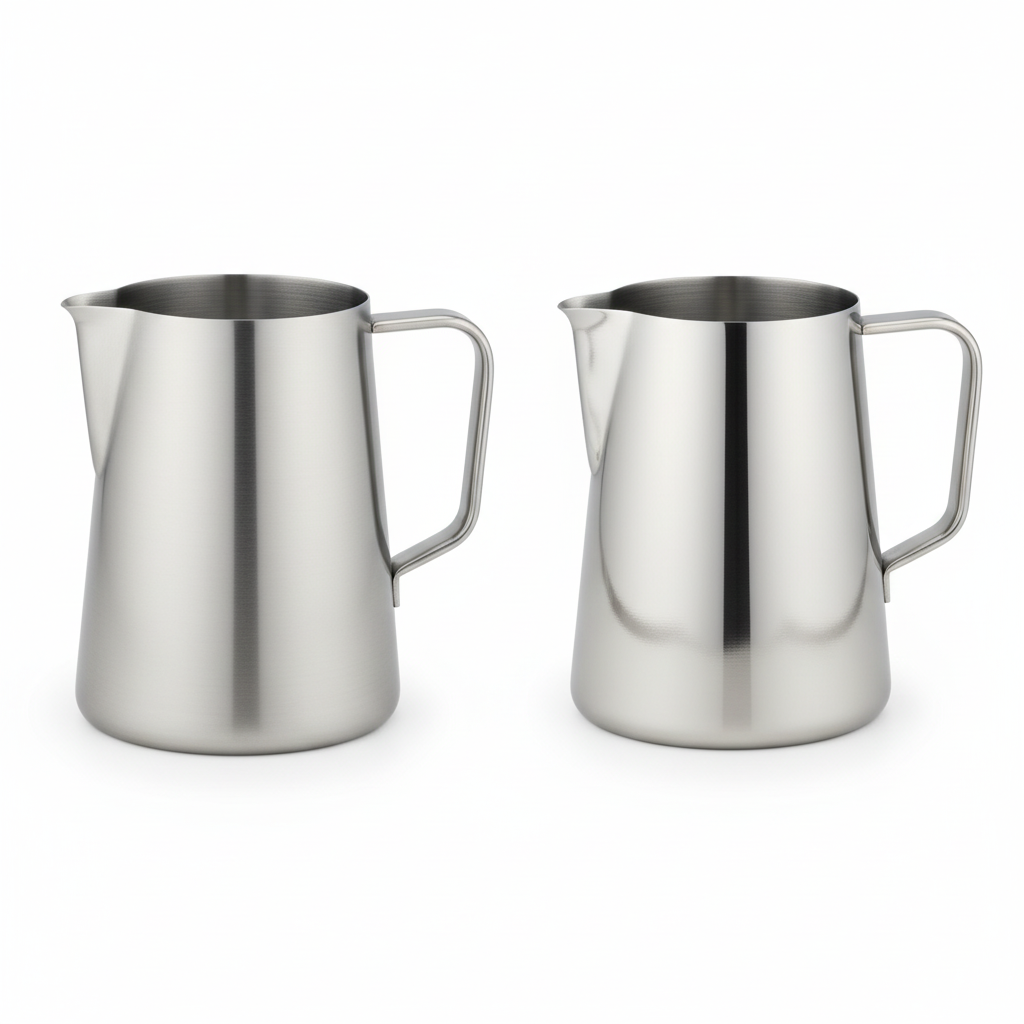 Stainless steel water pitchers in brushed and polished finishes on pure white background