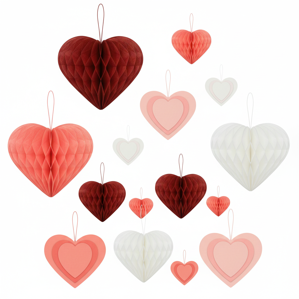Assorted red, coral, blush pink and white honeycomb and layered heart decorations with hanging loops on a pure white background.