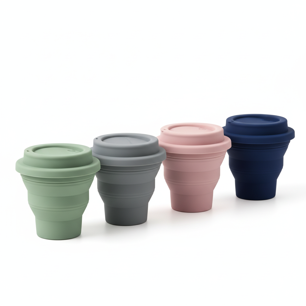 Collapsible silicone travel cups in multiple colors on pure white background
