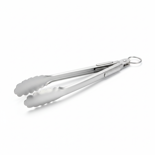 Stainless steel kitchen tongs with scalloped gripping tips on pure white background