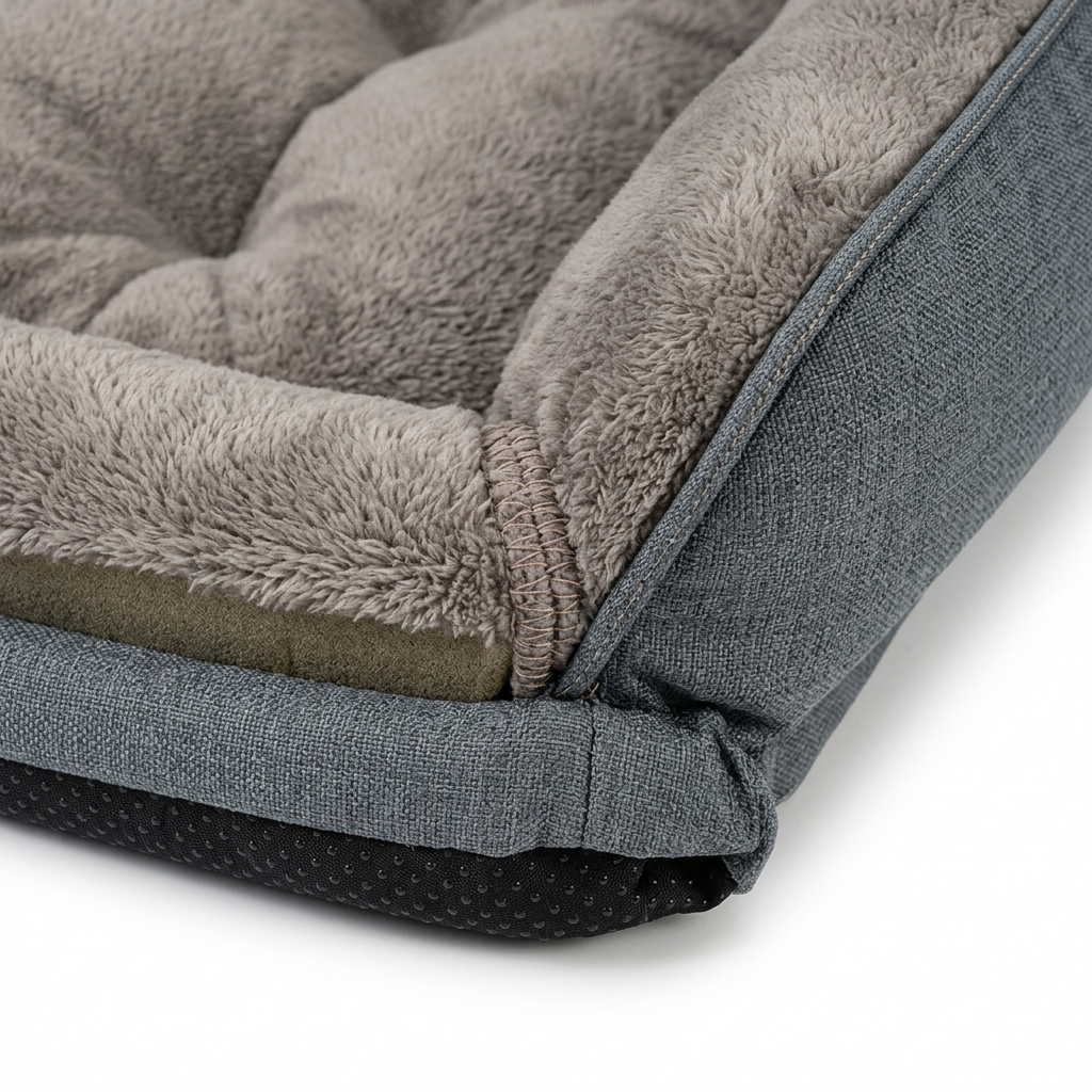 Close-up detail of reinforced seam junction between raised bolster rim and cushioned sleeping base