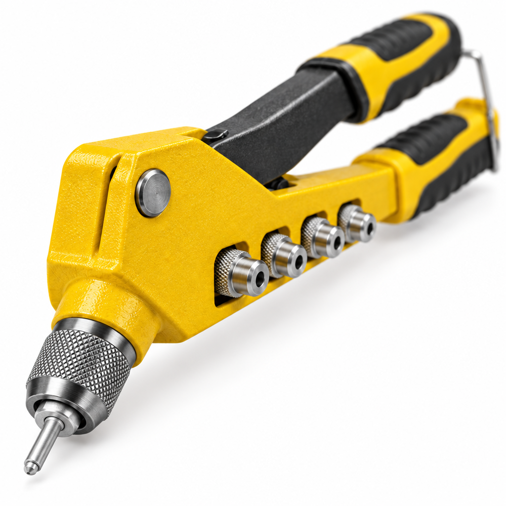 Close-up macro view of the front knurled steel nozzle with an inserted aluminum blind rivet, steel sleeve, and yellow alloy body on a pure white background