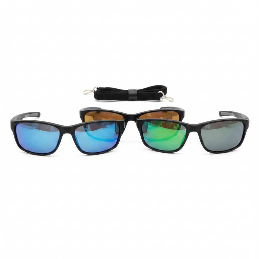 Assorted polarized lens colors of fishing sunglasses with floating strap on white background