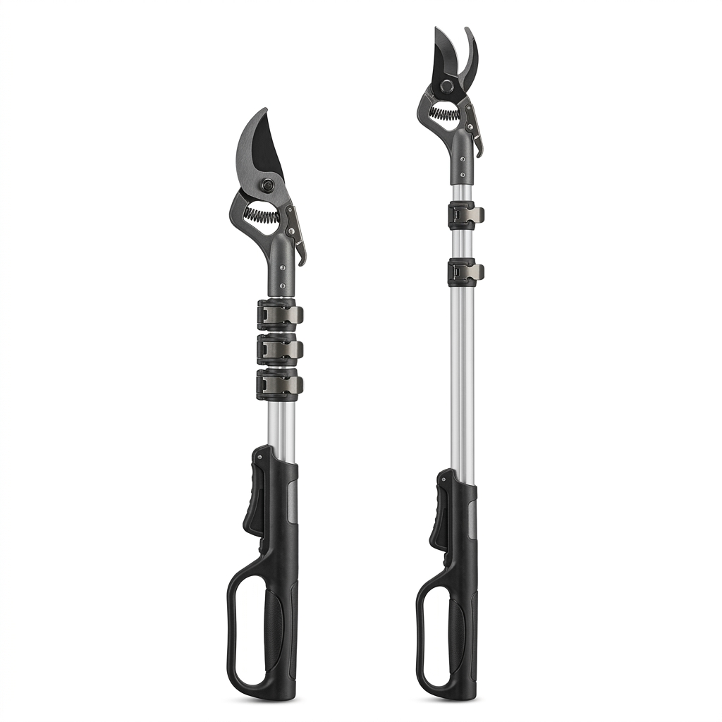 Telescopic pole pruner shown vertically in collapsed and extended states with bypass cutting head and flip-cam locks on pure white background