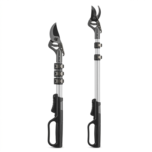 Telescopic pole pruner shown vertically in collapsed and extended states with bypass cutting head and flip-cam locks on pure white background