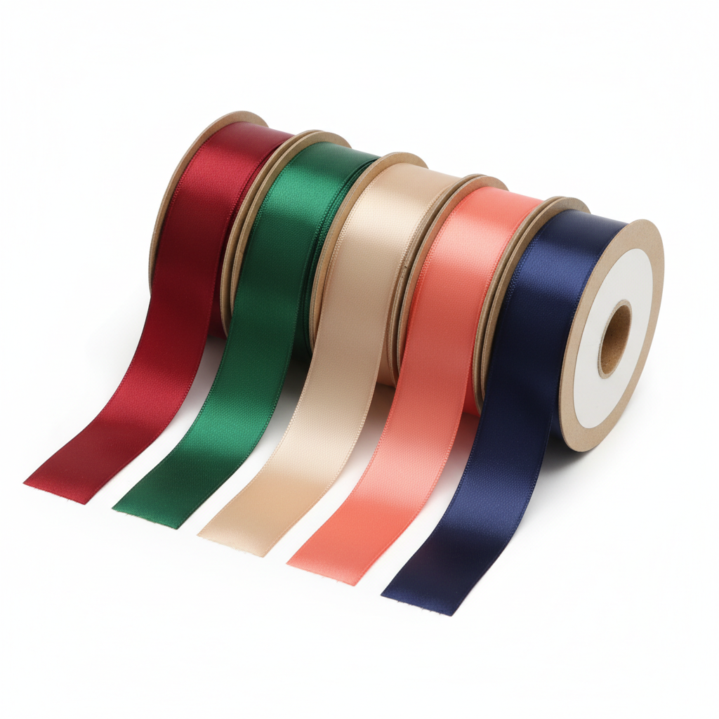 Five rolls of double-faced satin gift ribbon in burgundy, forest green, champagne, coral and navy with loose tails on white.