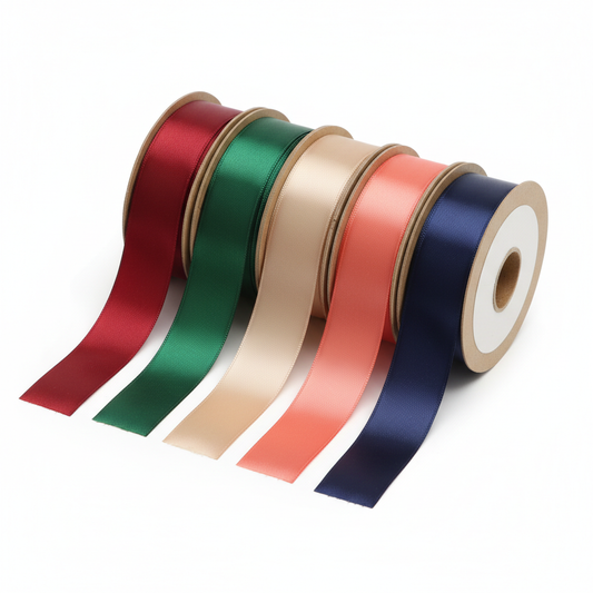 Five rolls of double-faced satin gift ribbon in burgundy, forest green, champagne, coral and navy with loose tails on white.