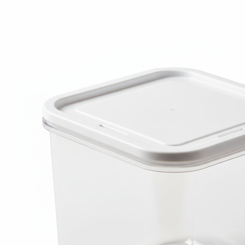 Close-up of white stackable sealing lid and transparent container rim on plastic storage box