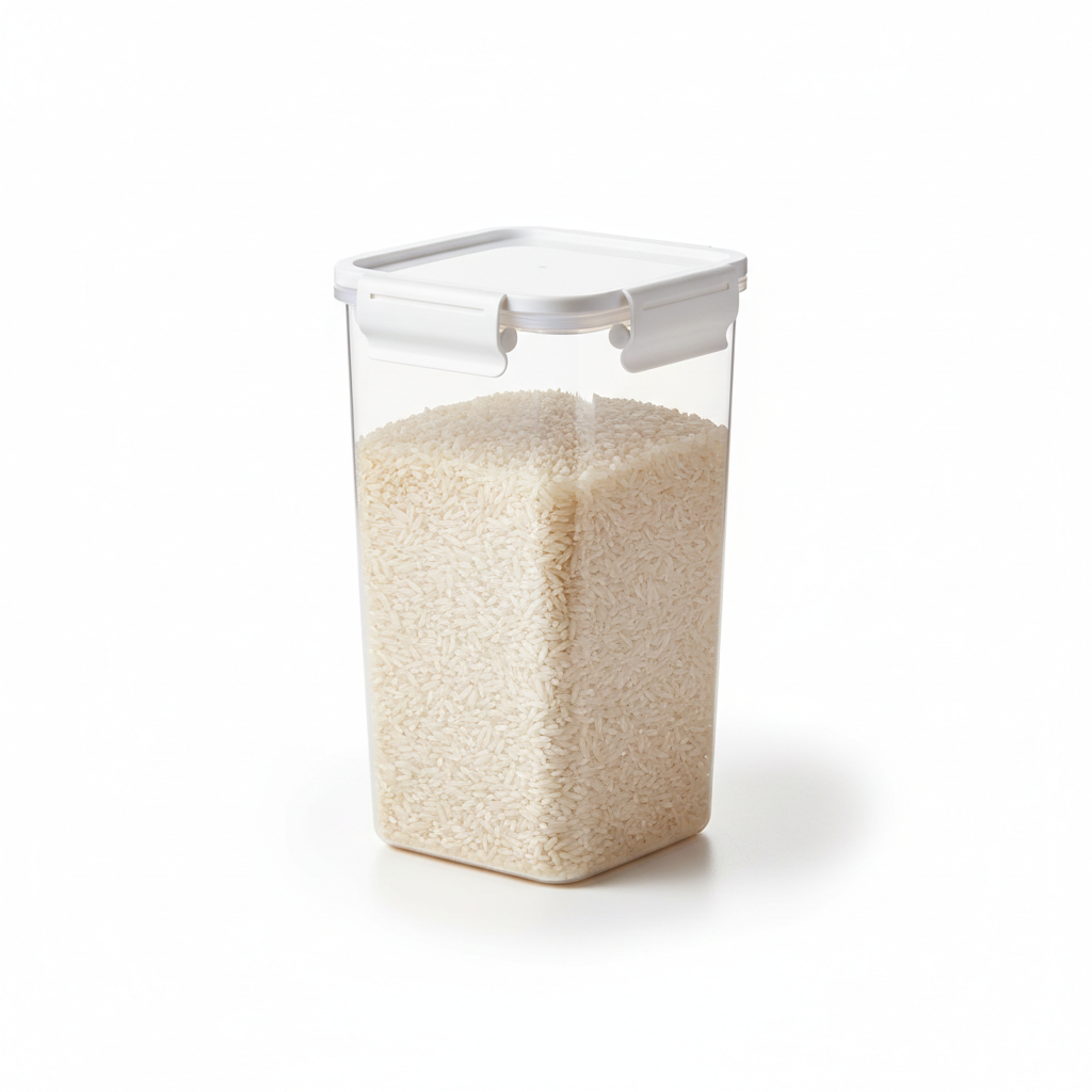Airtight clear plastic food storage container with locking lid filled with white rice on pure white background