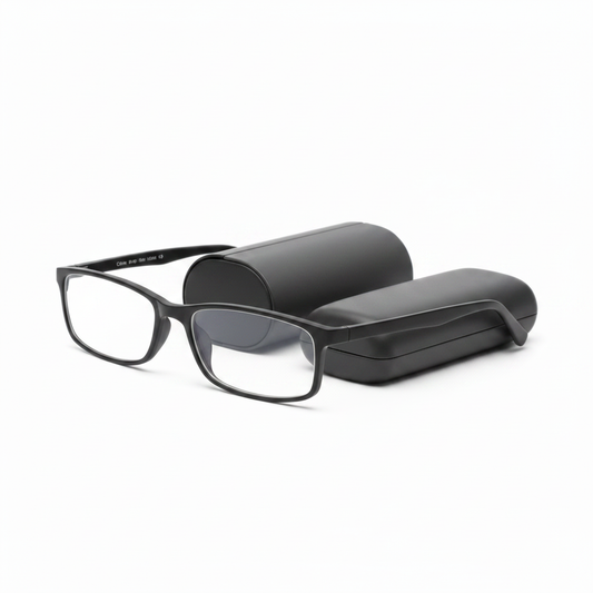 Three-quarter side angle profile view of flat-folded pocket reading glasses on white background