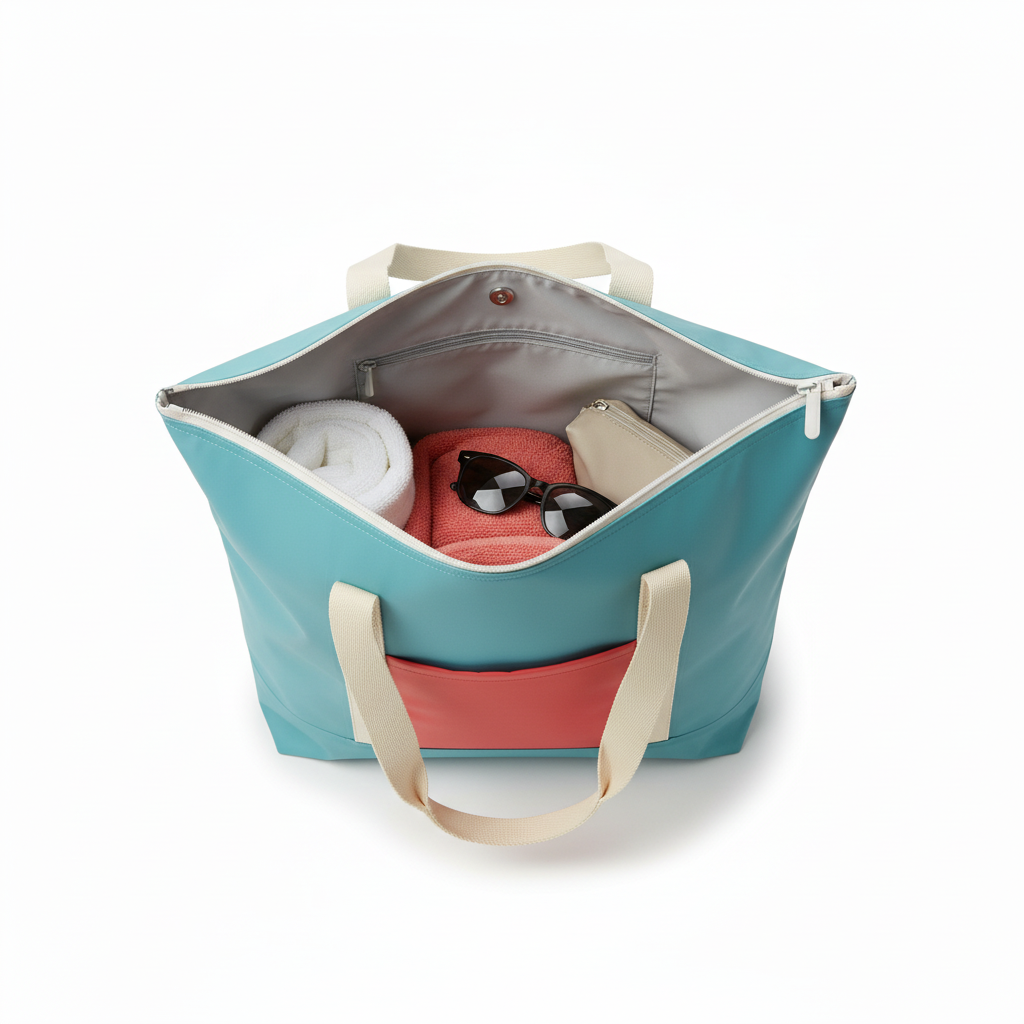Open aqua-blue beach tote viewed from above, showing its light-gray lined interior, slip pocket, zipper and room for towels, sunglasses and a toiletry pouch.