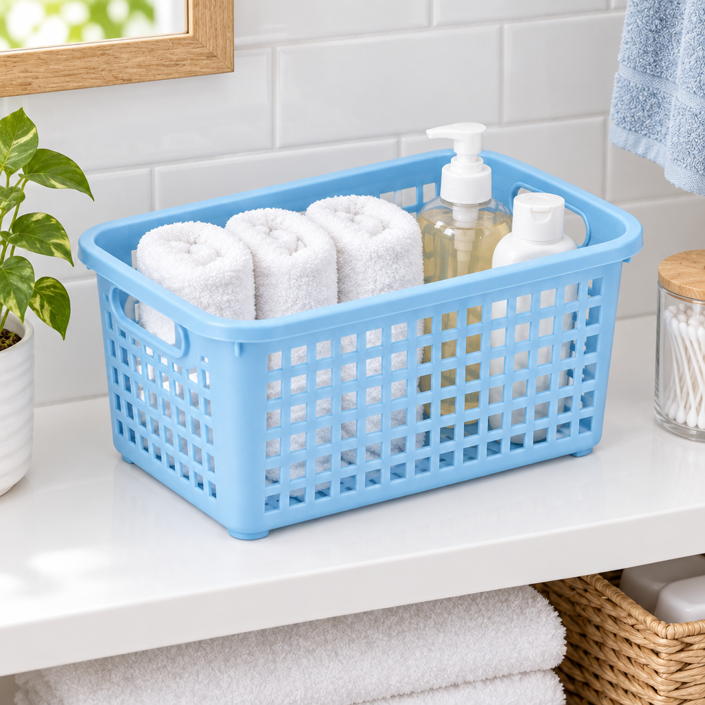 Plastic storage basket organizing rolled white towels on bathroom vanity shelf