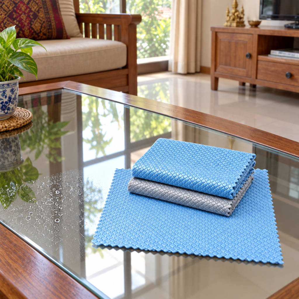 Fish scale microfiber cleaning cloth on a freshly wiped spotless glass tabletop in a living room