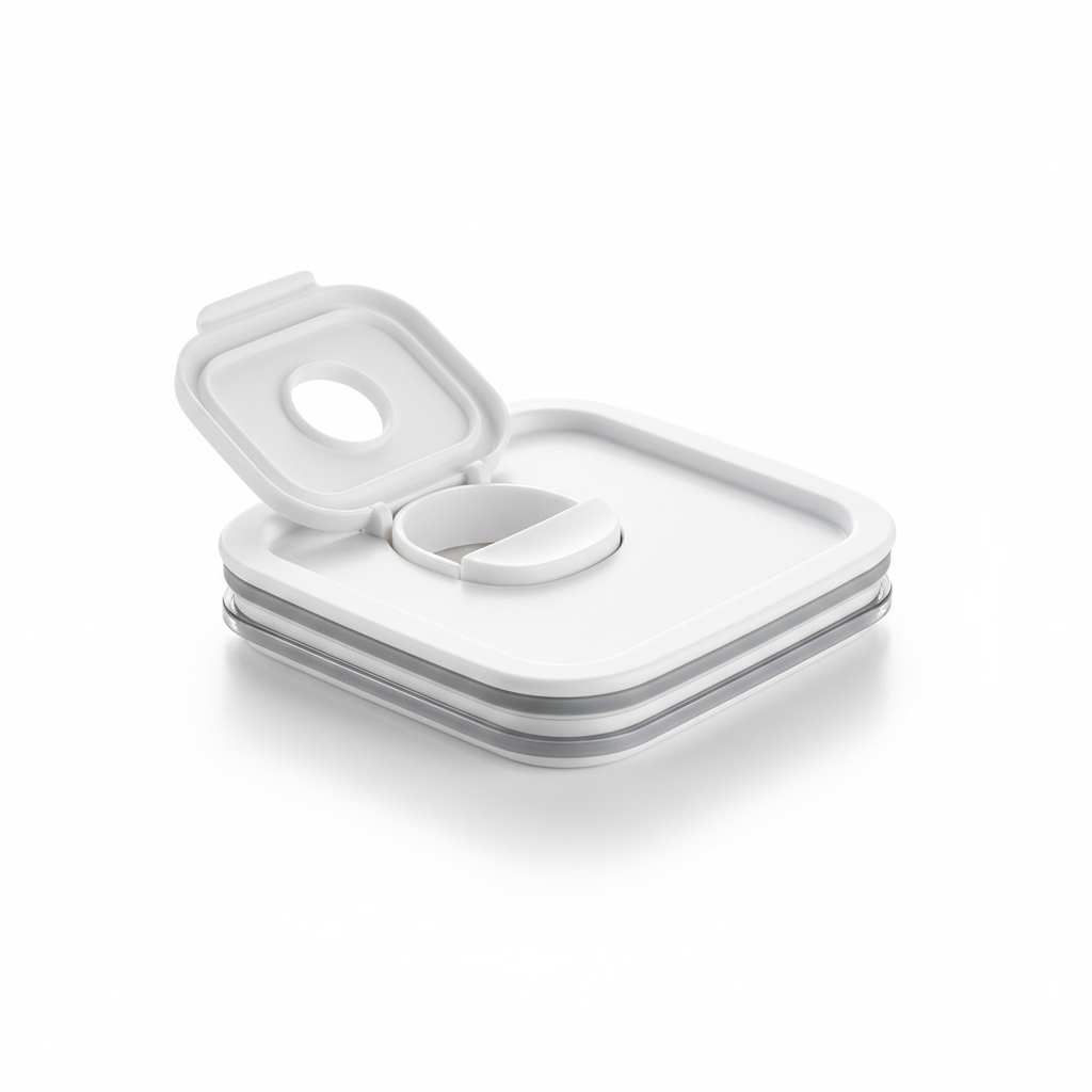 Macro close-up of white airtight sealing lid with silicone gasket and open flip spout on pure white background
