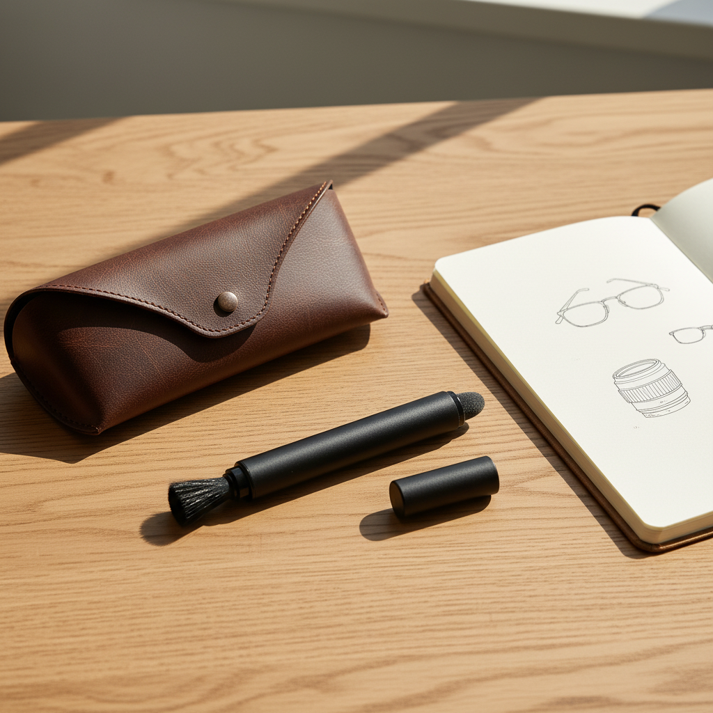Lens cleaning pen beside leather glasses case on wooden desk
