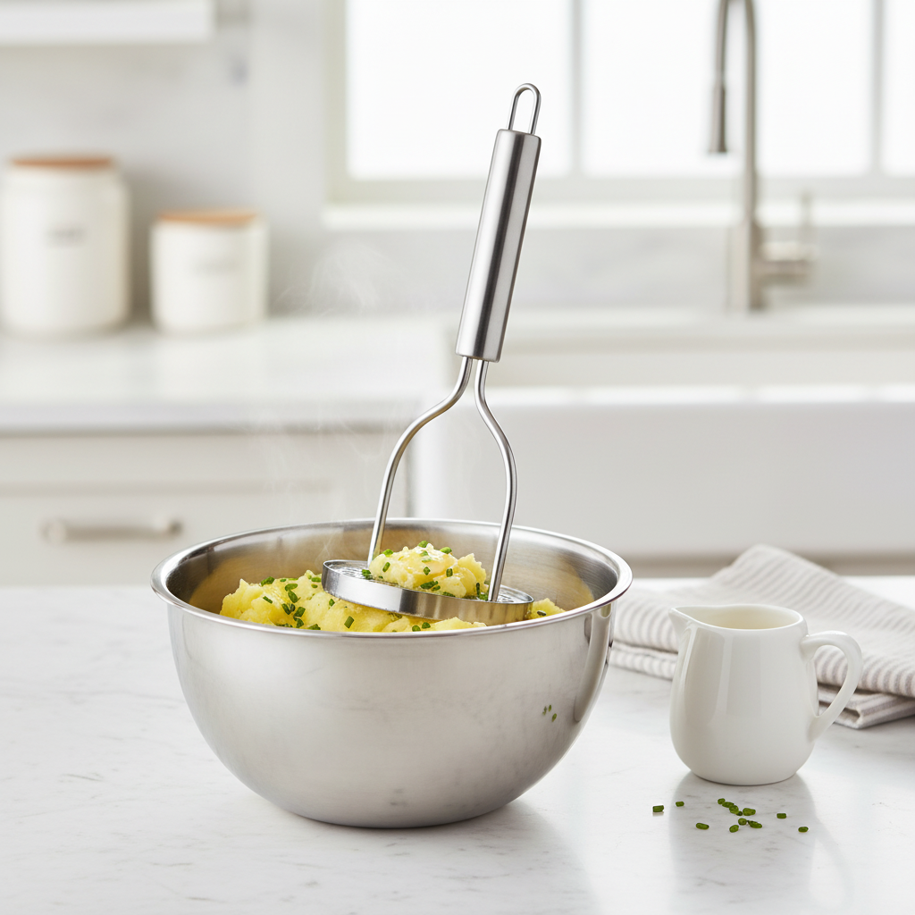 Stainless steel potato masher standing in a bowl of freshly mashed potatoes on marble countertop
