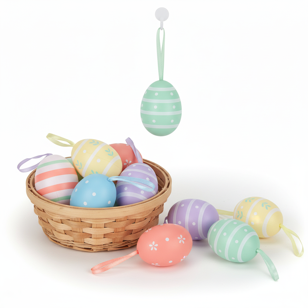 Reusable pastel Easter egg decorations arranged in and around a woven basket with visible satin hanging loops and one egg suspended from a hook.