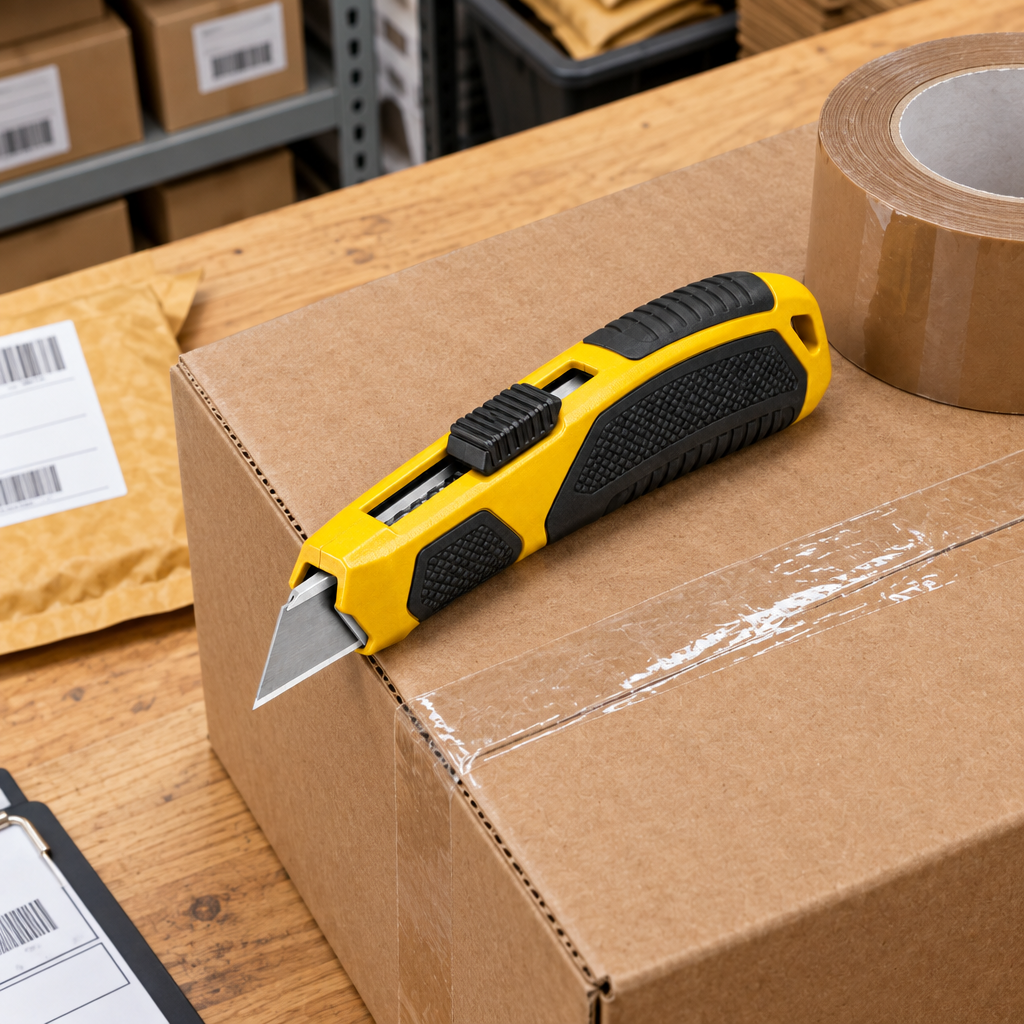 Utility knife resting on a corrugated cardboard box on a packaging workstation beside packing tape