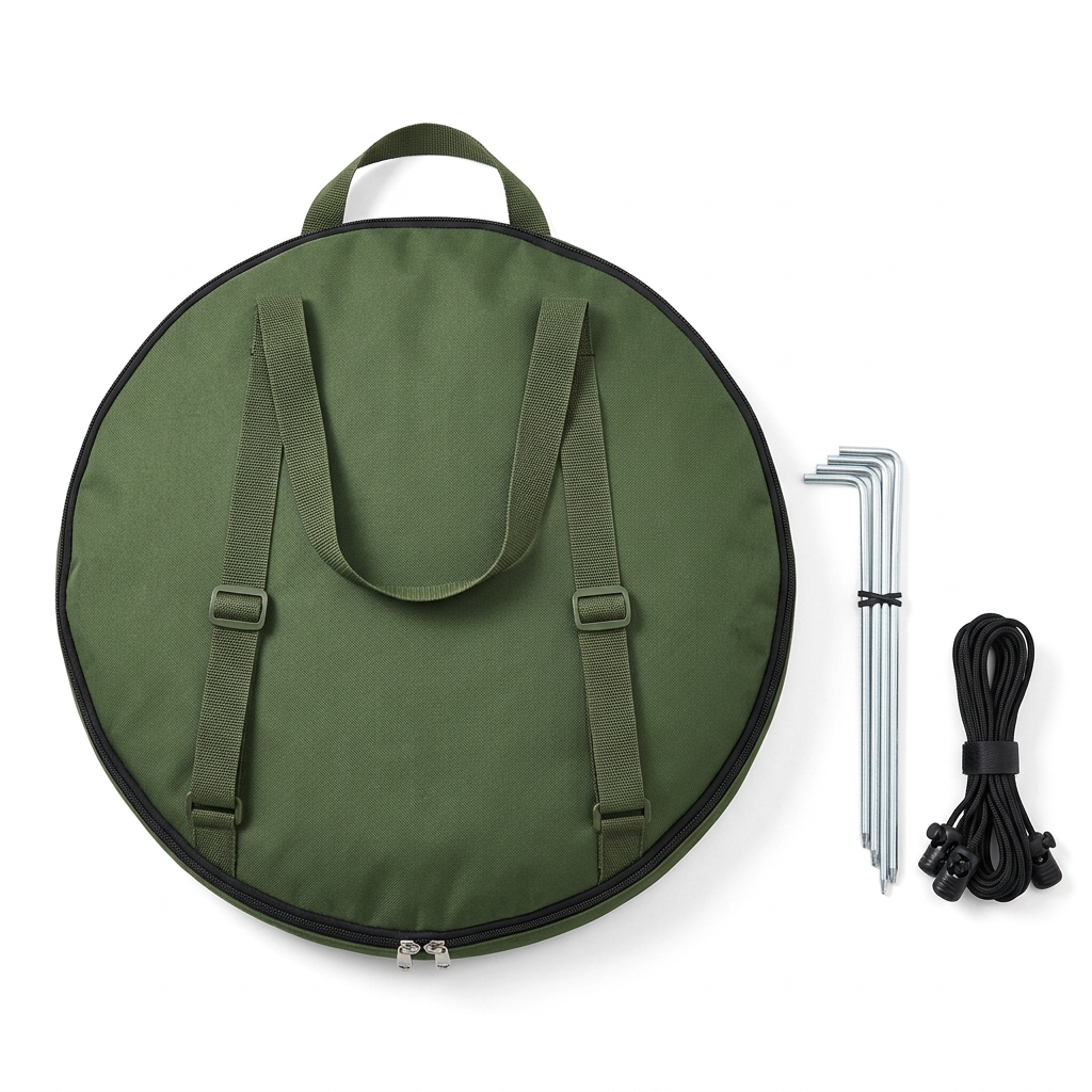 Camping privacy tent in folded storage state with matching circular zippered carrying bag, shoulder straps, stakes, and guy lines on white background