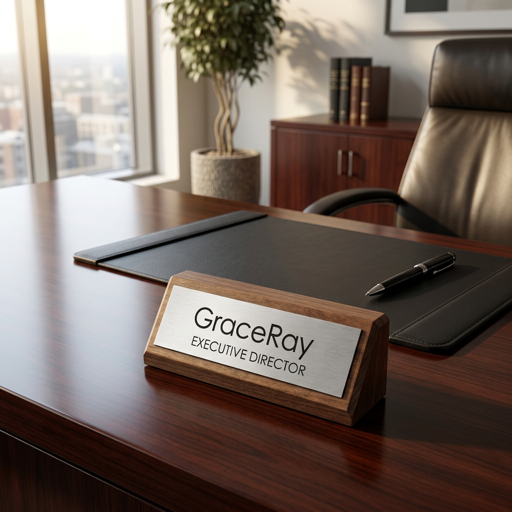 Custom executive desktop nameplate on a dark mahogany office desk under morning sunlight
