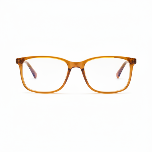 Oversized fashion blue light blocking glasses in translucent amber on white background
