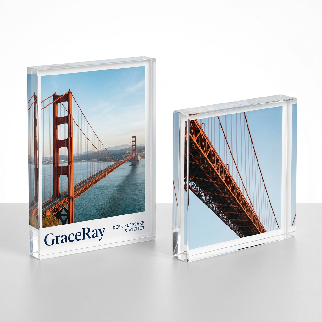 Personalized desk photo block displaying a custom photograph and commemorative message.