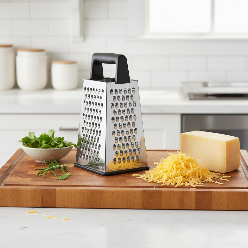 Stainless steel box grater on wooden cutting board beside a mound of freshly grated cheddar cheese