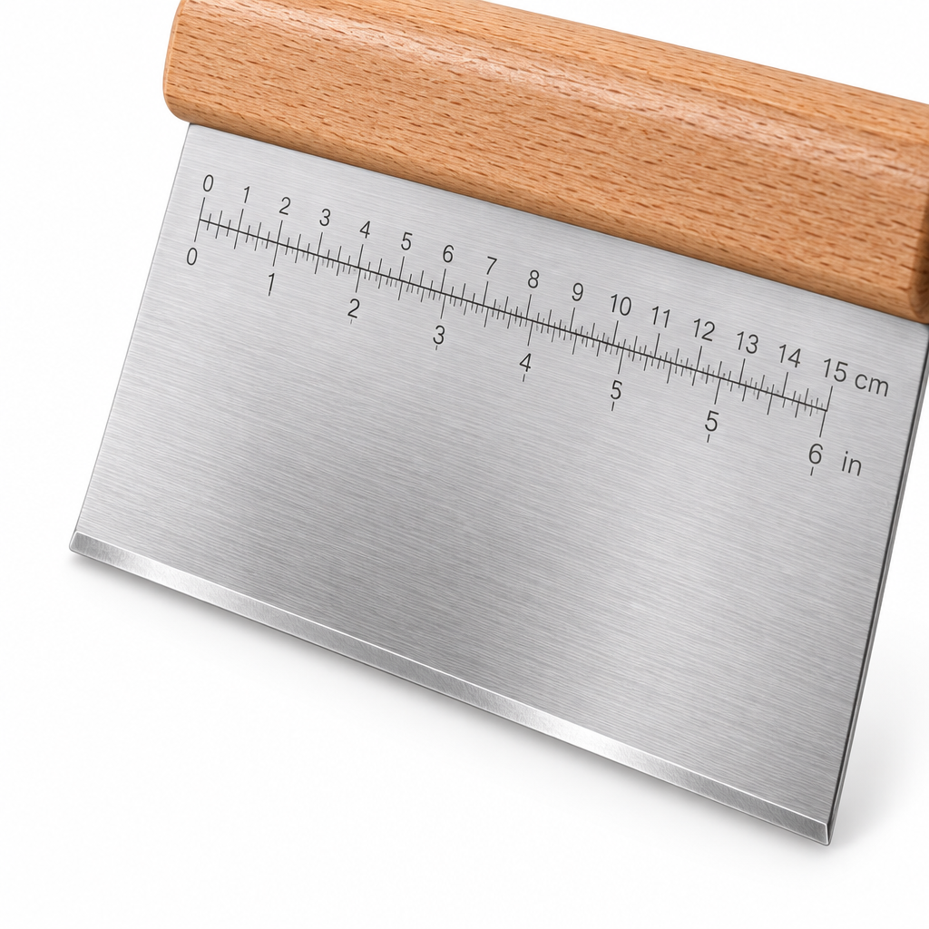 Close-up macro detail of straight blade cutting edge and laser measurement markings of stainless steel dough scraper