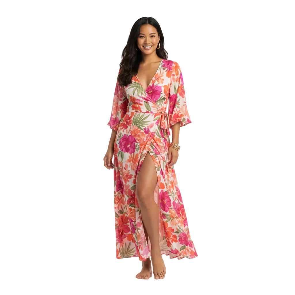 Pink orange floral wrap dress model