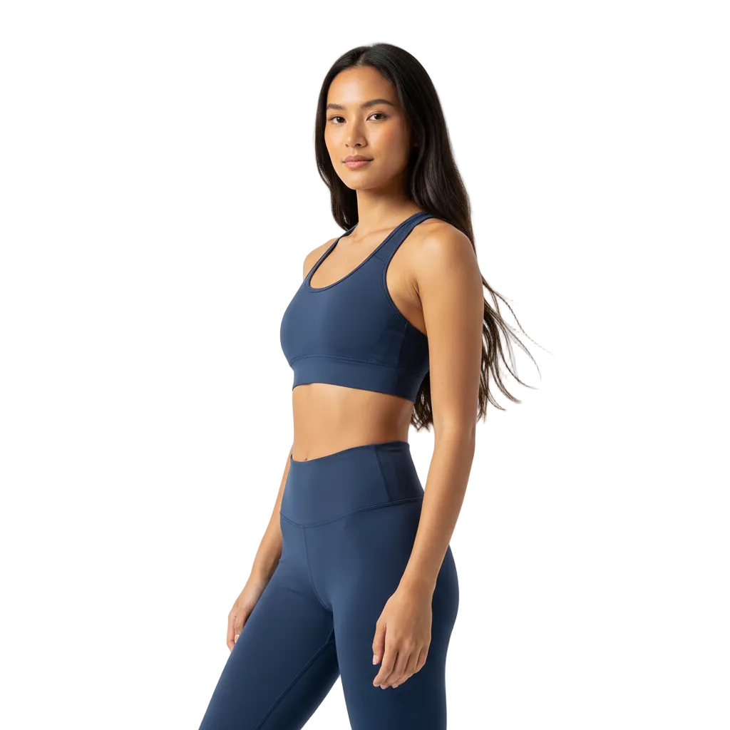Thai model wearing navy blue lightweight yoga leggings side view