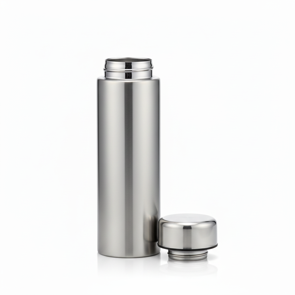 Open stainless steel vacuum flask with screw cup lid beside it on pure white background
