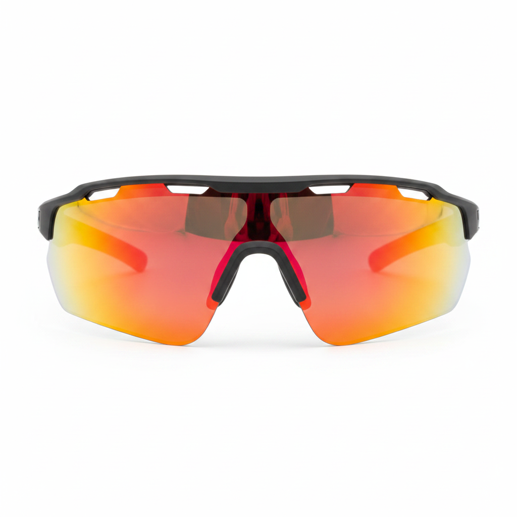 Sports cycling glasses with wraparound fire-red mirrored lens on white background