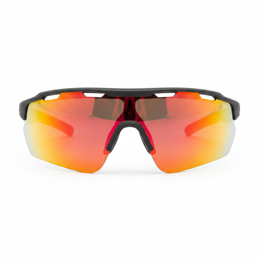 Sports cycling glasses with wraparound fire-red mirrored lens on white background