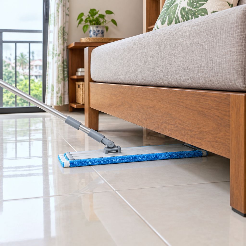 Flat floor mop sliding underneath a wooden sofa in a Philippine apartment cleaning tiled floor
