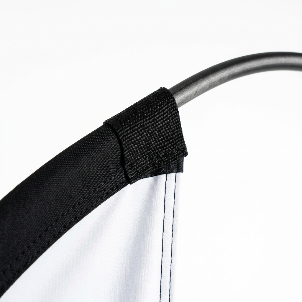 Detail close-up of feather flag banner showing curved fiberglass pole tip and reinforced pocket stitching on white background