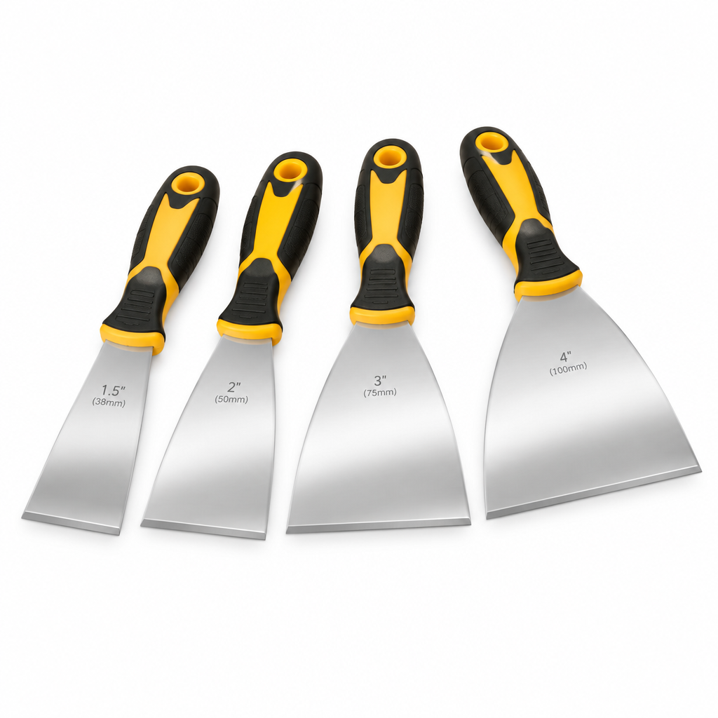 Set of 4 flexible stainless steel putty knives with yellow and black handles arranged on a pure white background with comfortable margins