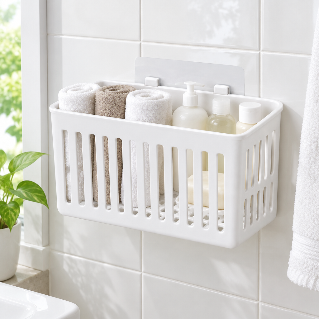 Wall-mounted basket on a bathroom tile wall holding rolled towels and small toiletries