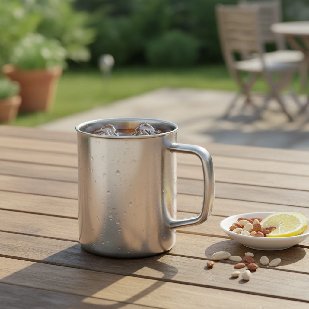 Stainless steel beer mug with cold beverage on outdoor patio dining table