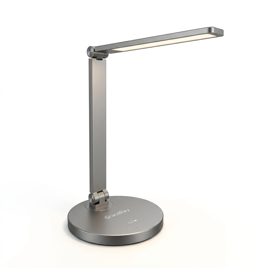 Corporate desk lamp positioned on an office desk to provide task lighting.