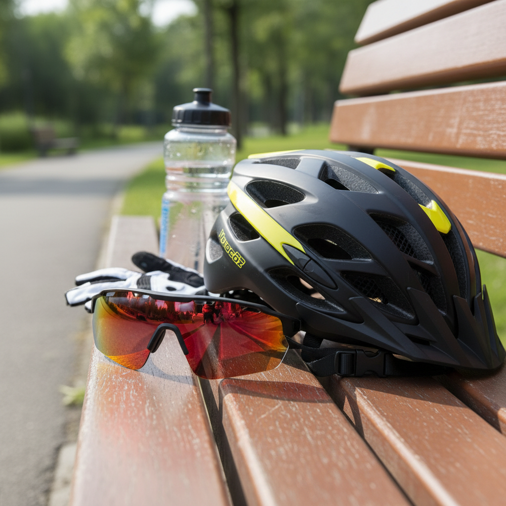 Sports cycling glasses beside helmet and water bottle on wooden park bench