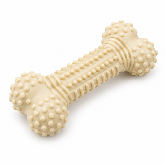 Durable bone-cream textured dog chew bone with raised dental nubs on pure white background