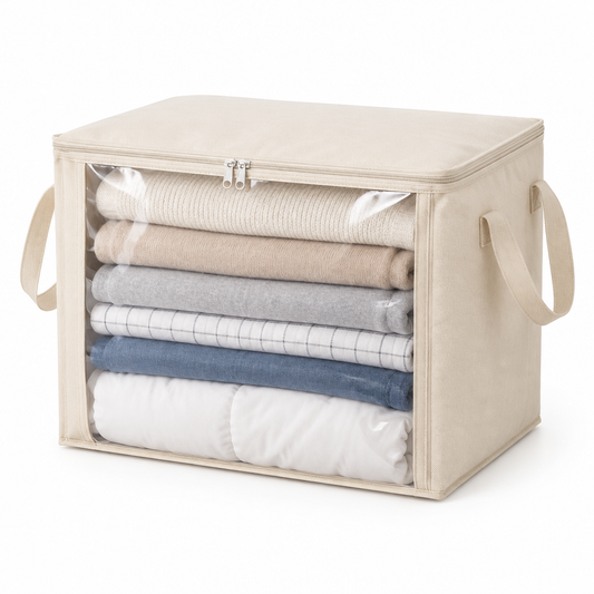Clothing storage bag, cream non-woven zippered bag with clear window and side handles on white background