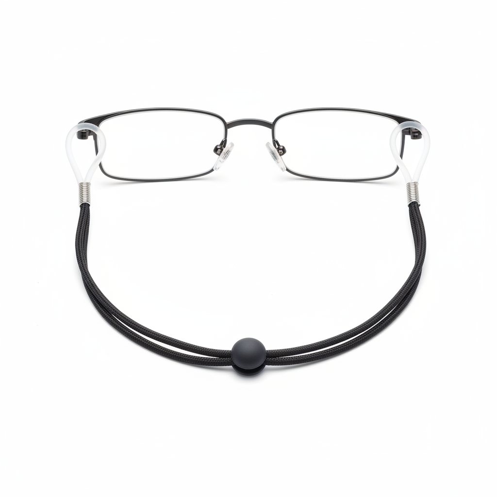 Adjustable braided black eyeglass neck cord attached to glasses on white background