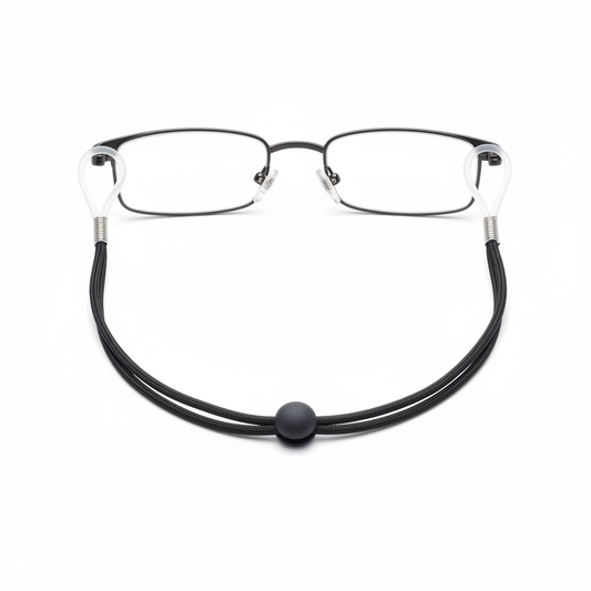 Adjustable braided black eyeglass neck cord attached to glasses on white background