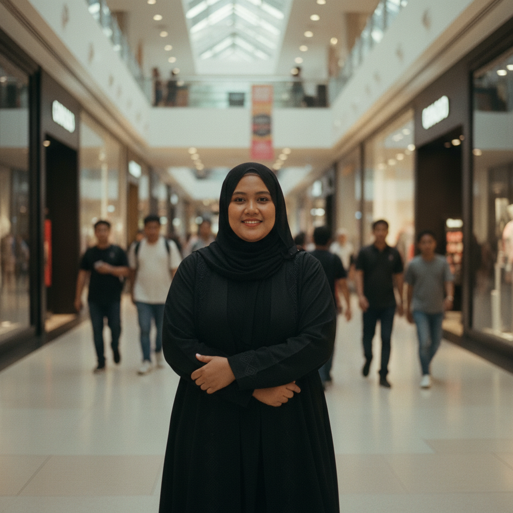 Indonesian Muslim woman black abaya-inspired dress at mall